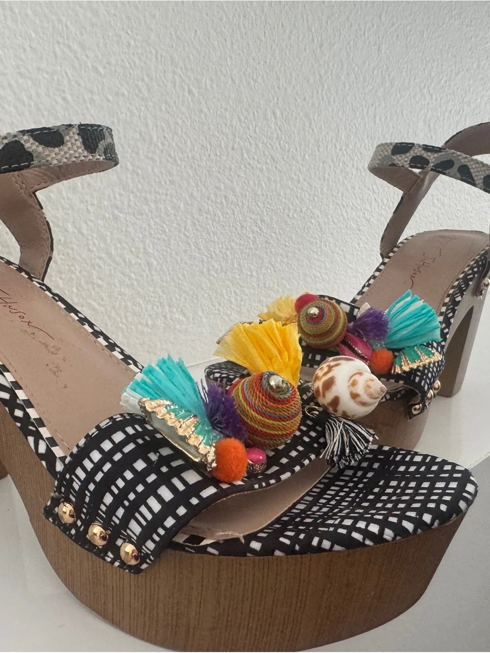 Betsy Johnson Black & White Patterned Platforms with Multicolor Tassel Accents